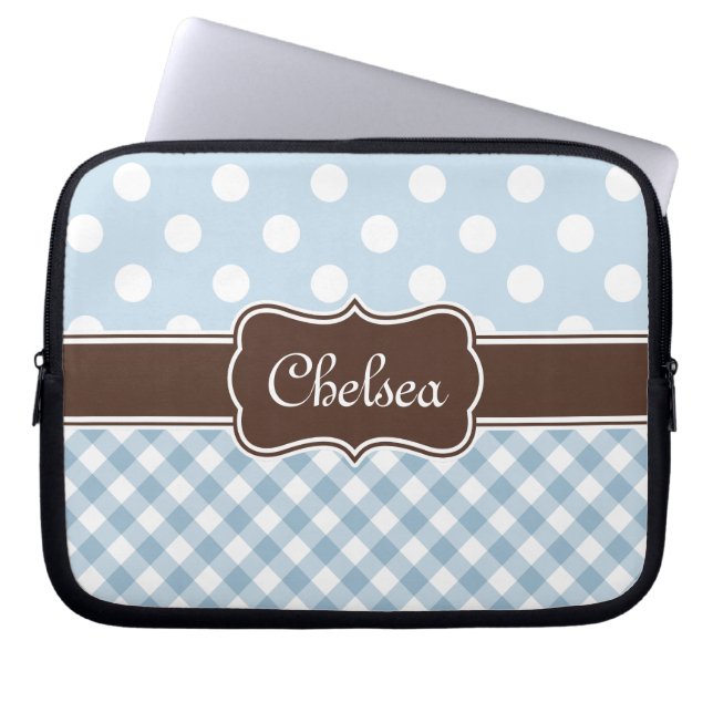 Funda Para Portátil Blue Polka Dot Gingham Patterns Brown Name (Frente)