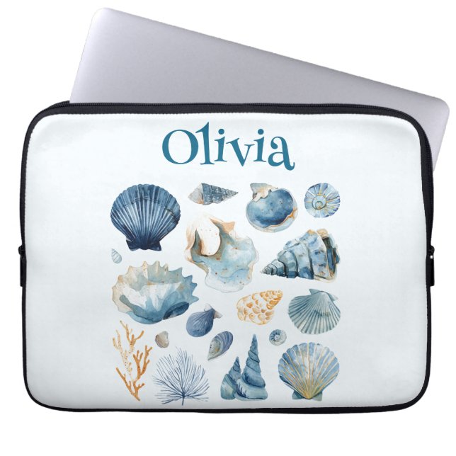 Funda Para Portátil Blue Seashell Laptop Sleeve | Custom Name (Frente)