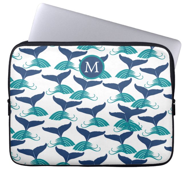Funda Para Portátil Blue Verde azulada Whale Cails Monograma Portátil  (Frente)