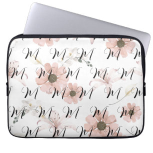Funda Para Portátil Blush de Flores Rosadas Acuarela Monograma de Arte