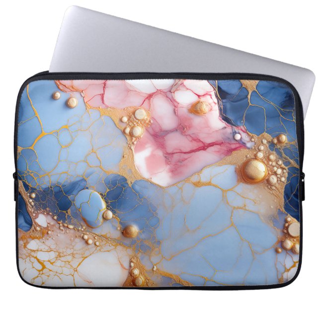 Funda Para Portátil Blush & Sapphire Marble with Golden Pearls (Frente)