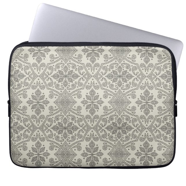 Funda Para Portátil Boho Floral Damask Line Art, Black on Beige (Frente)