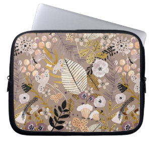 Funda Para Portátil Boho Negro Blanco Dorado Melocotón Dibujado Hoja F