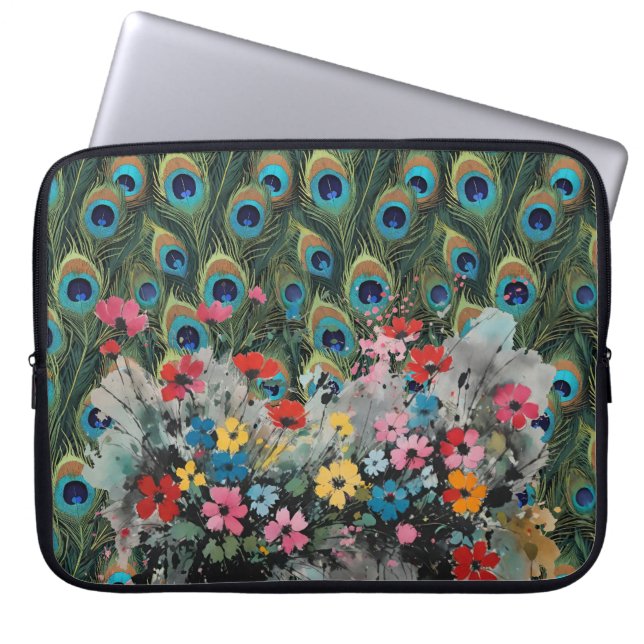 Funda Para Portátil Boho Peacock Feathers And Wildflowers (Frente)