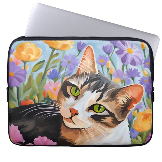 Funda Para Portátil Bonito gato con flores (Frente)
