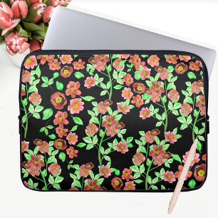 Funda Para Portátil Bonito Jardín Flores Coral Rojo Verde sobre Negro