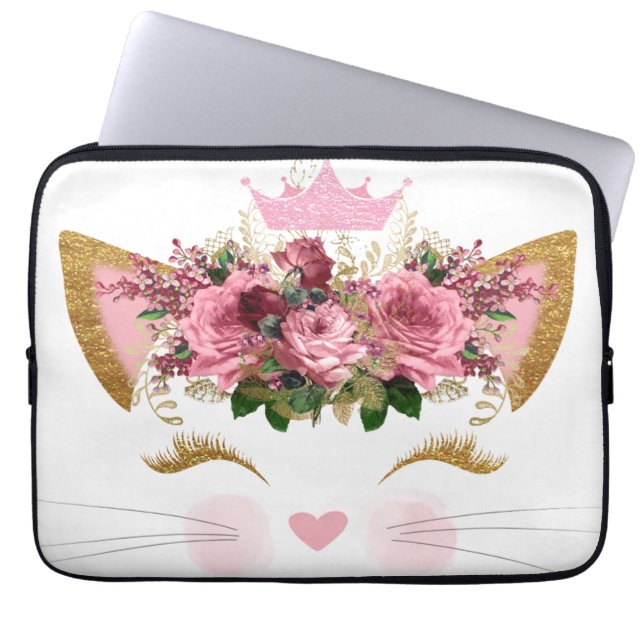 Funda Para Portátil Bonito Kitty Floral Rosa Crown (Frente)