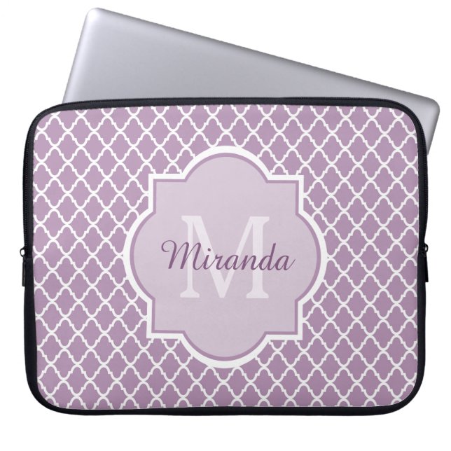 Funda Para Portátil Bonito Lavanda Purple Quatrefoil Monogramado Nombr (Frente)