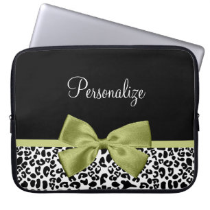 Funda Para Portátil Bonito Leopard Print Spring Green Bow con nombre