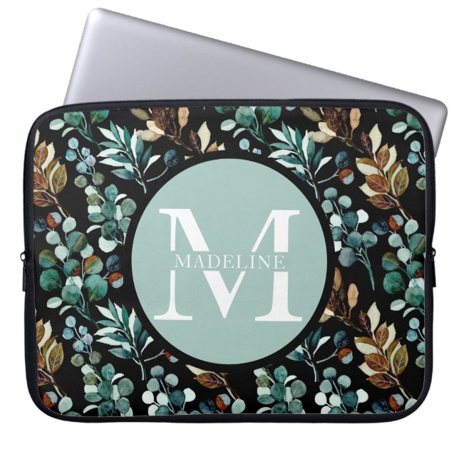 Funda Para Portátil Bonito Nombre de Monograma Floral Moderno + Inicia (Frente)