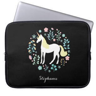 Funda Para Portátil Bonito Unicornio y flores negras personalizadas