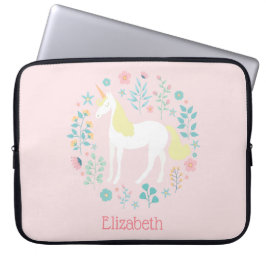 Funda Para Portátil Bonito Unicornio y Flores Rubor Rosa Personalizado