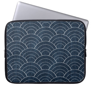Funda Para Portátil Bordado Sashiko: Patrón japonés índigo.