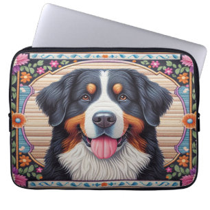 Funda Para Portátil Borde de color floral de perro de montaña de Berne