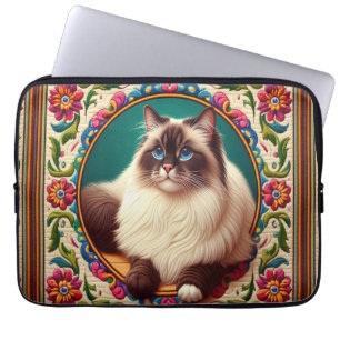 Funda Para Portátil Borde de flores coloridas de gato birmano decorati