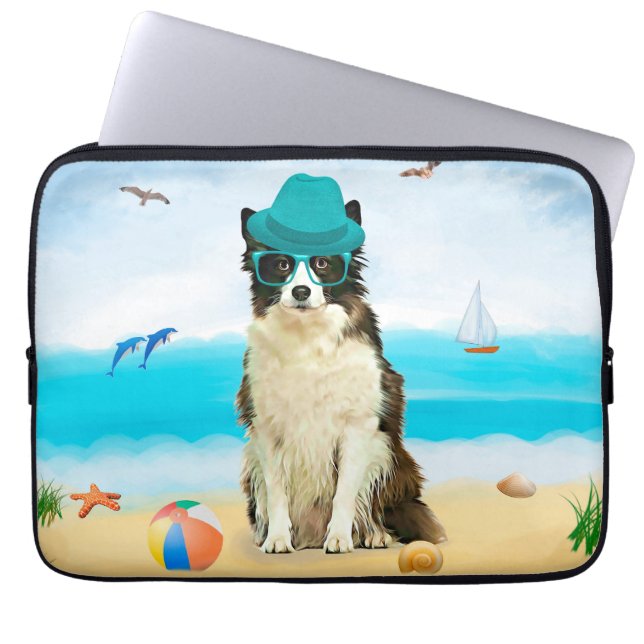 Funda Para Portátil Borde de Perro Collie en la playa (Frente)