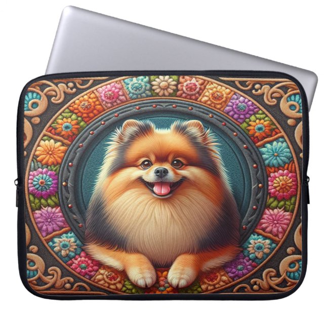Funda Para Portátil Borde elegante de colores florales de perro de Pom (Frente)