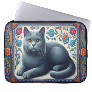 Funda Para Portátil Borde floral de color de gato azul ruso realista