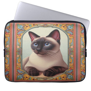Funda Para Portátil Borde floral de color de gato siamés lindo y reali