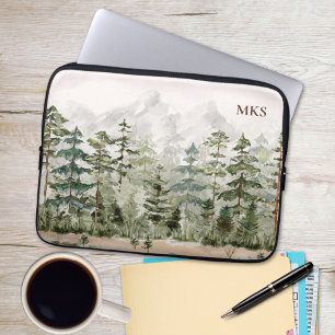 Funda Para Portátil Bosque de Pino Verde de Acuarela en Montaña