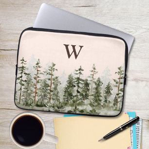 Funda Para Portátil Bosque verde rústico de acuarela con monograma