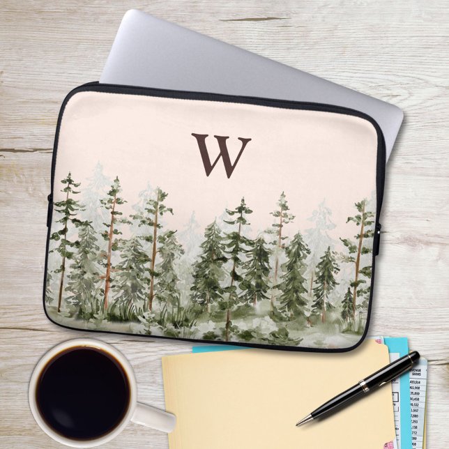Funda Para Portátil Bosque verde rústico de acuarela con monograma (In situ)