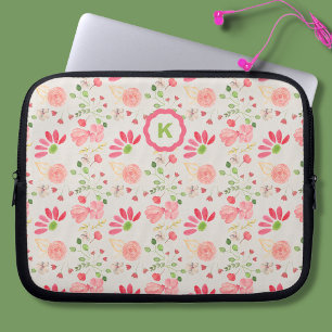 Funda Para Portátil Botánicos florales rosas y verdes Monograma