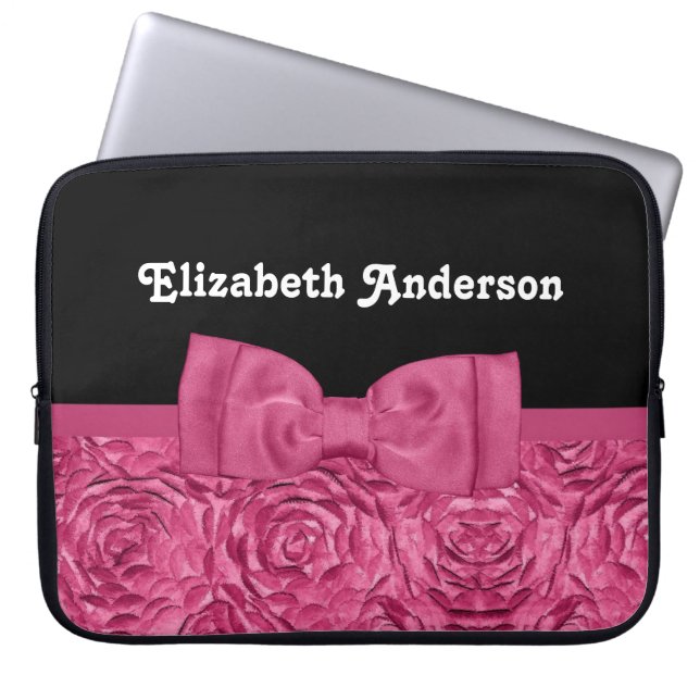Funda Para Portátil Bow de Moda floral Rosa rosa y negro bonito (Frente)