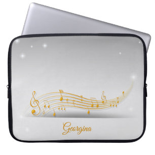 Funda Para Portátil Bright Gold Music Notes con un nombre personalizad