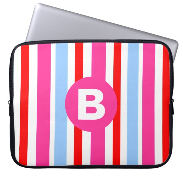 Funda Para Portátil Bright Pink and Blue Candy Stripes Monogram (Frente)