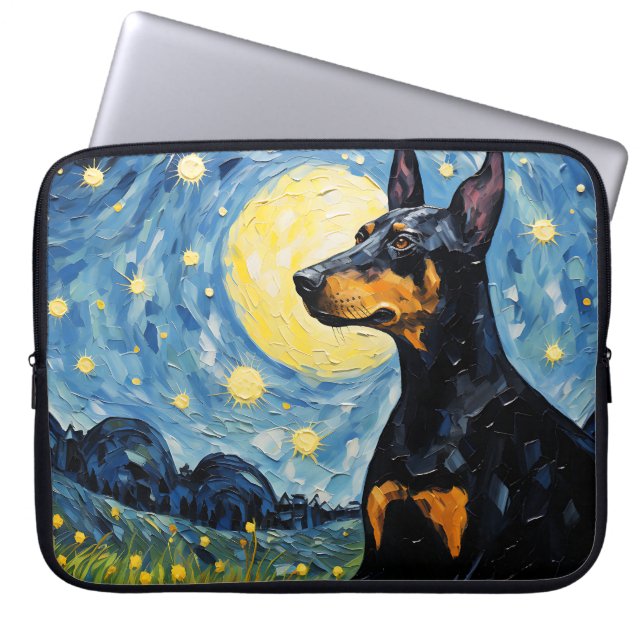 FUNDA PARA PORTÁTIL BRIGHT STARRRY NOCHE CON DOBERMAN PINSCHER DOG (Frente)