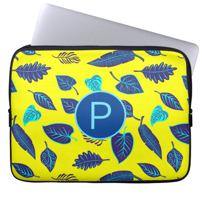 Funda Para Portátil Bright Yellow Tropical Leaf Pattern Monogram (Frente)