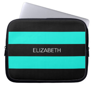 Funda Para Portátil Brillante Aqua Black Horiz Preppy Stripe #3 Monogr