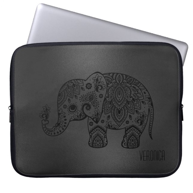 Funda Para Portátil Brillante negro de fondo negro paisley elefante ne (Frente)
