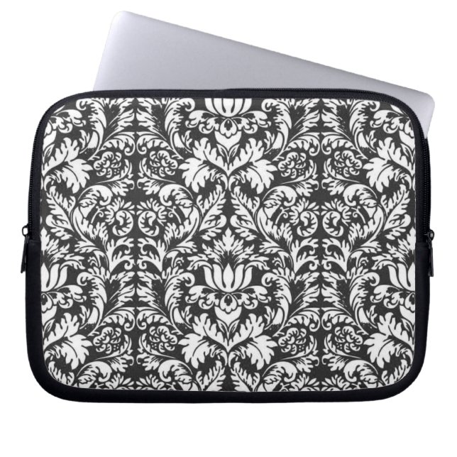 Funda Para Portátil Brocade Lace de Damasco Blanco Negro (Frente)