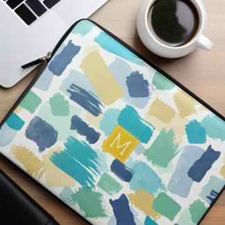 Funda Para Portátil Brotes de pincel coloridos y monograma amarillo