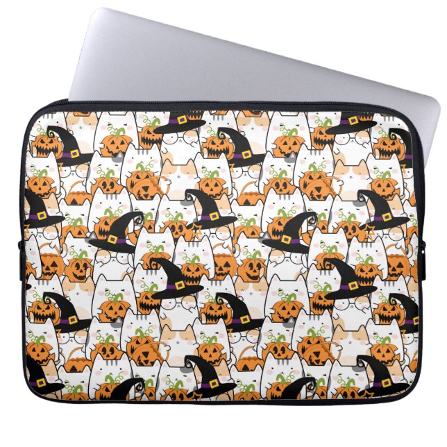 Funda Para Portátil Bruja de gato suave sosteniendo Bumkin Halloween (Frente)