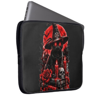 Funda Para Portátil Bruja Gótica Gato Negro Vela Calavera Halloween De