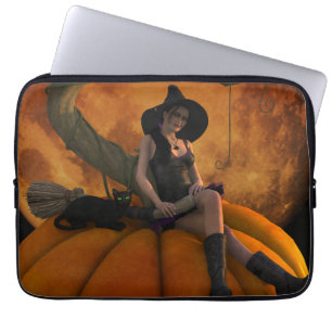Funda Para Portátil Bruja y gato en calabaza gigante