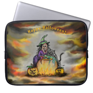 Funda Para Portátil Bruja y gato negro, ¡Feliz Halloween!