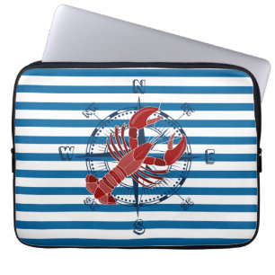 Funda Para Portátil Brújula y tira blanca y azul de langosta