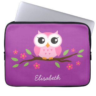 Funda Para Portátil Búho rosado lindo en nombre de encargo púrpura d