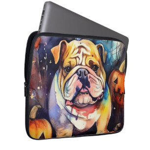 Funda Para Portátil Bulldog de Halloween con calabazas temerosas