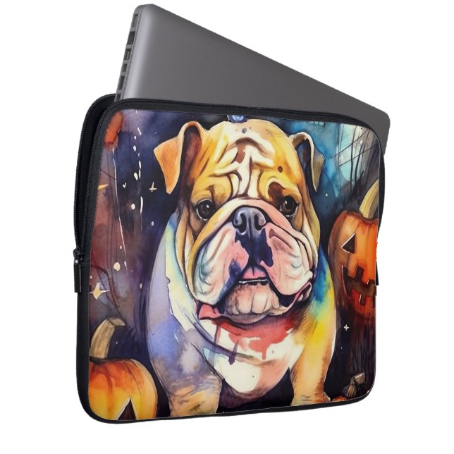 Funda Para Portátil Bulldog de Halloween con calabazas temerosas (Anverso derecho)