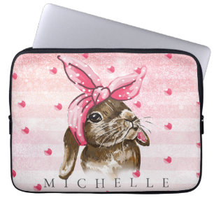 Funda Para Portátil Bunny pintado a mano con arco rosa Personalizado