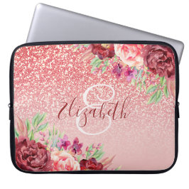 Funda Para Portátil Burgundy Floral Rose Gold Glitter Personalized
