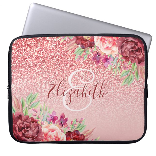Funda Para Portátil Burgundy Floral Rose Gold Glitter Personalized (Frente)