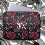 Funda Para Portátil Burgundy Roses with Black Background Monogrammed<br><div class="desc">Pretty burgundy roses and foliage with a black background seamless floral pattern car monogrammed  laptop sleeve .</div>