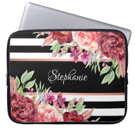 Funda Para Portátil Burgundy Rubor Floral Black Stripes Personalizado
