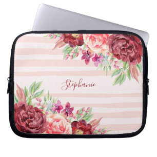 Funda Para Portátil Burgundy Rubor Floral Tiras Rosa Monograma